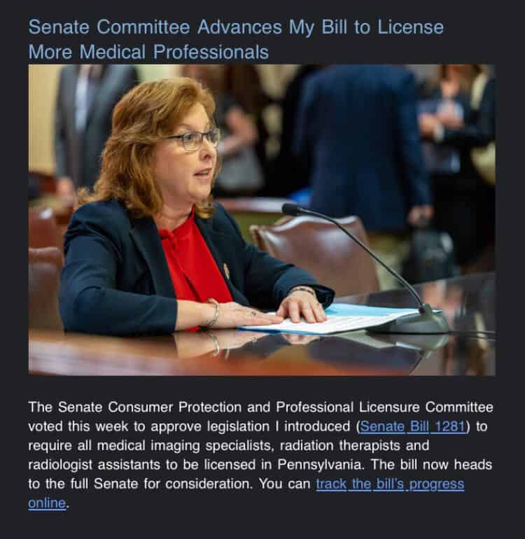 A woman speaks into a microphone at a committee meeting. Text above mentions a bill to license more medical professionals in Pennsylvania.