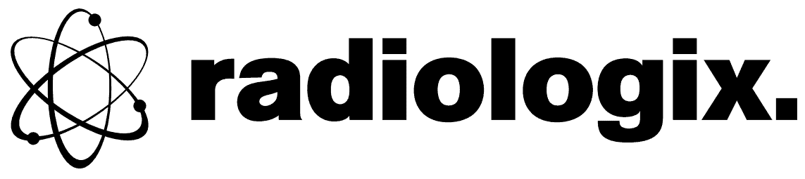 Logo of "radiologix" with a stylized atomic symbol to the left of the text.