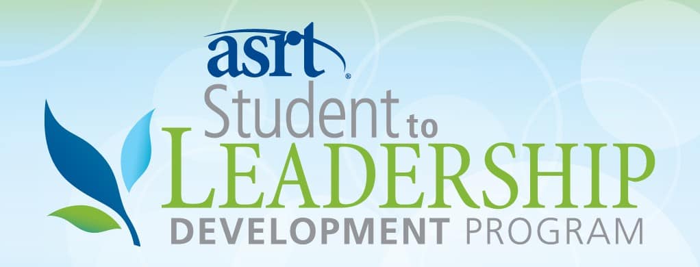 ASRT Student to Leadership Development Program logo with a stylized leaf design on a blue and green background.