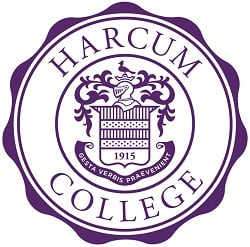 The logo for harcum college.